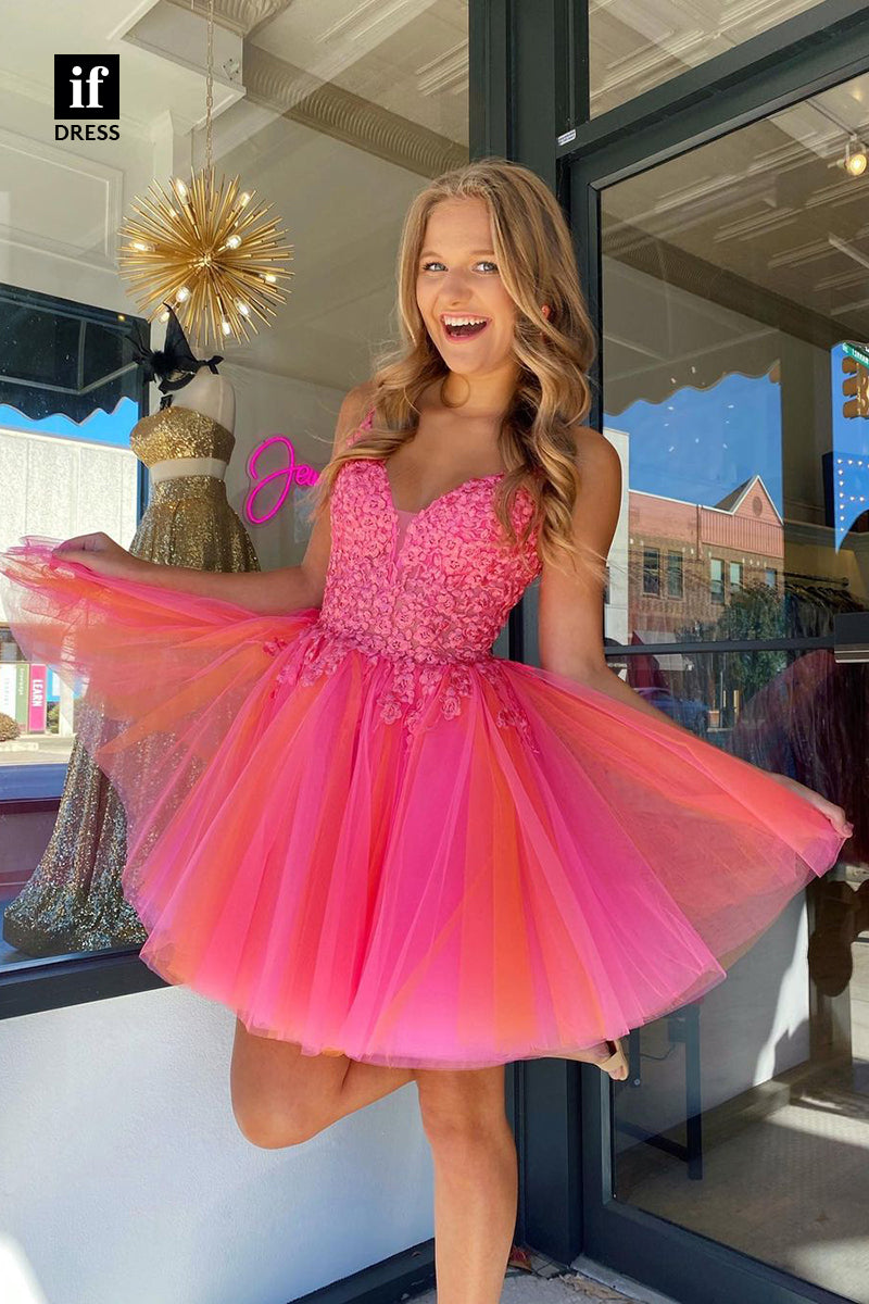 F1-1172 - Adorable A-Line V-Neck Appliques Mini Homecoming Dress