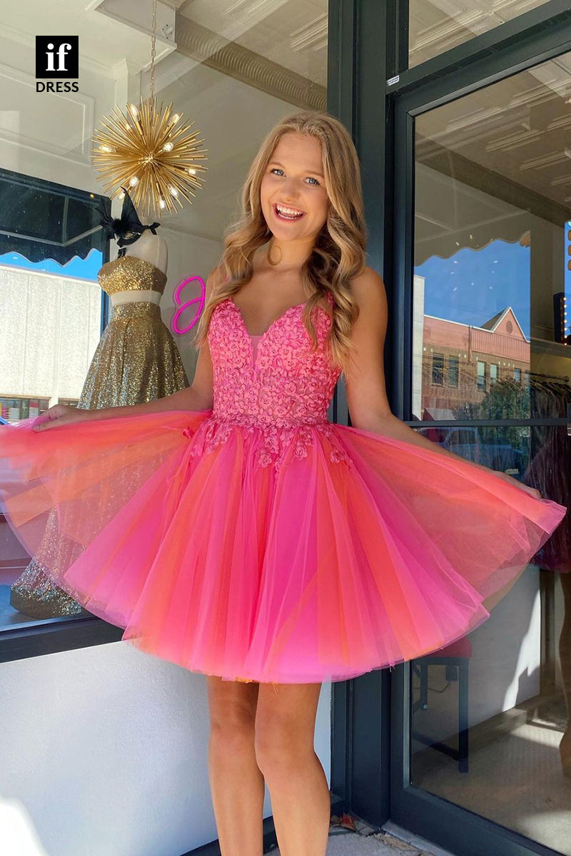 F1-1172 - Adorable A-Line V-Neck Appliques Mini Homecoming Dress