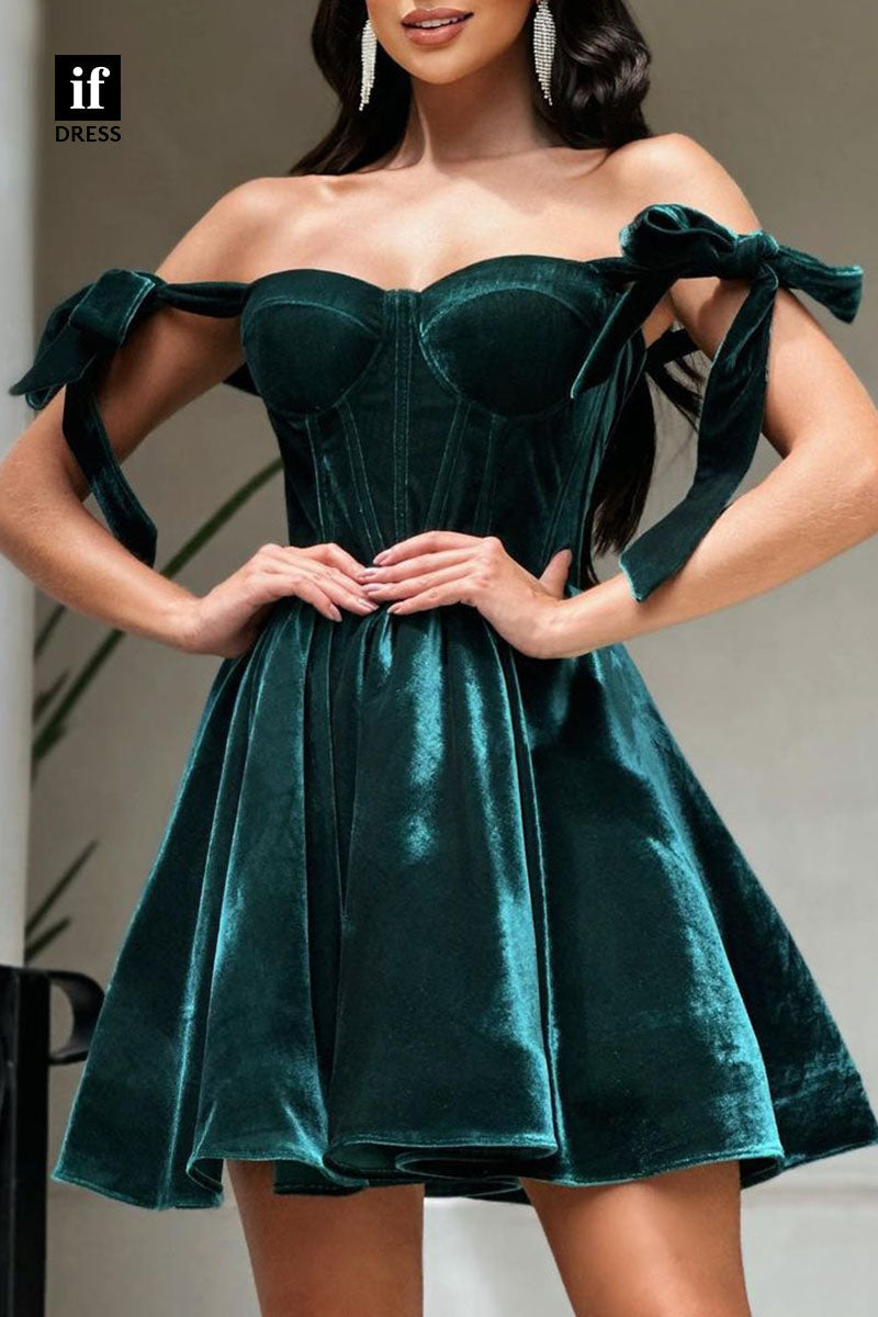 F1188 - Sweetheart Ruched Velvet A-Line Velvet Mini Homecoming Dress