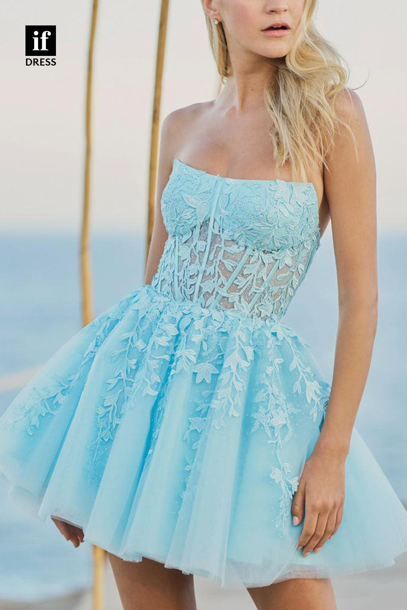 F1194 - Strapless Lace Appliques Scoop Tulle A-Line Short Homecoming Dress