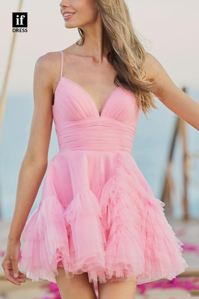 F1197 - Spaghetti Straps V-Neck Ruched Tiered Tulle A-Line Mini Homecoming Dress