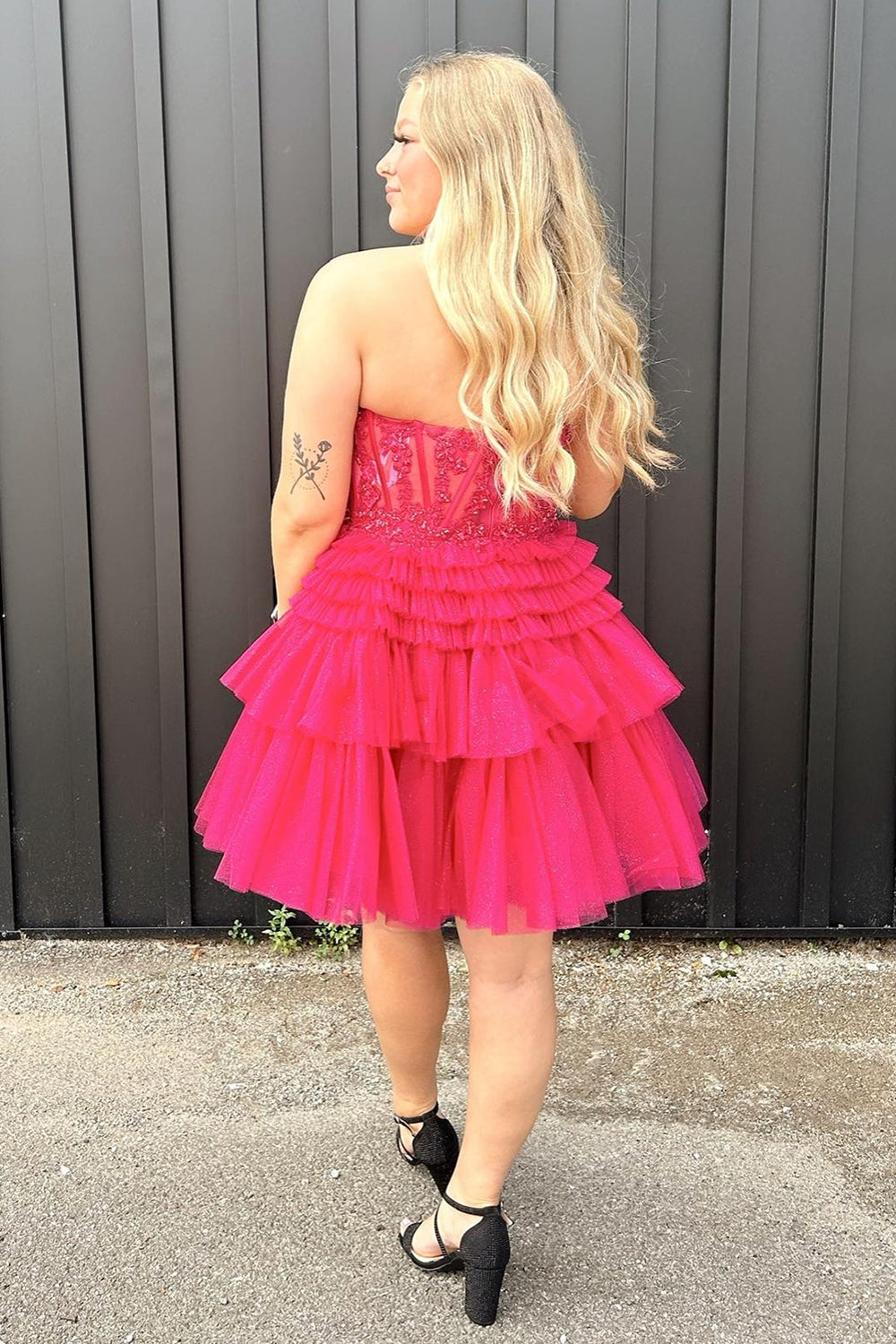 Glitter Pink Homecoming Dress Corset A-Line Tiered Short Prom Dress with Lace