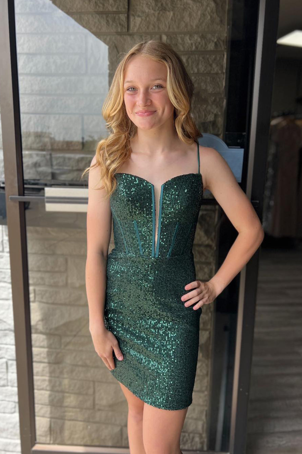 Dark Green Homecoming Dress Corset Sequin Sleeveless Tight Prom Dress