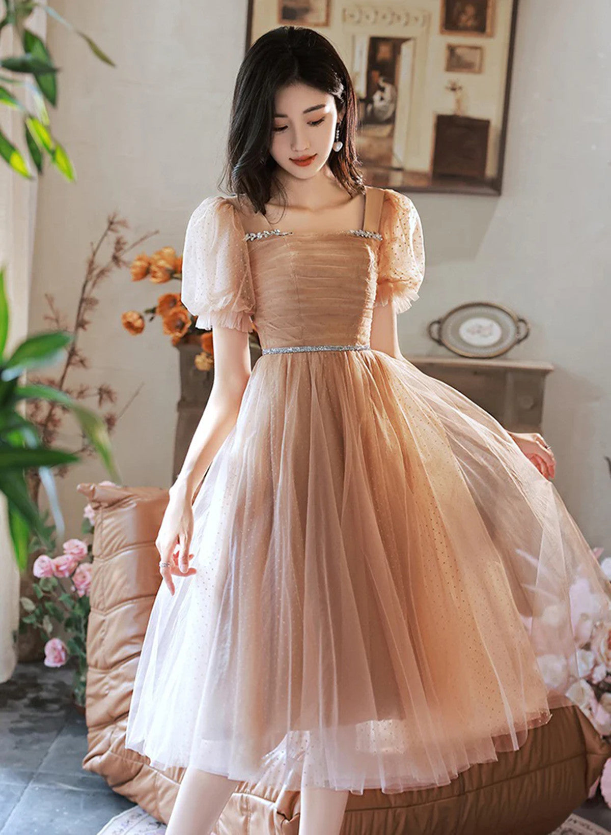 Lovely Champagne Short Sleeves Beaded Homecoming Dress, Short Prom Dress