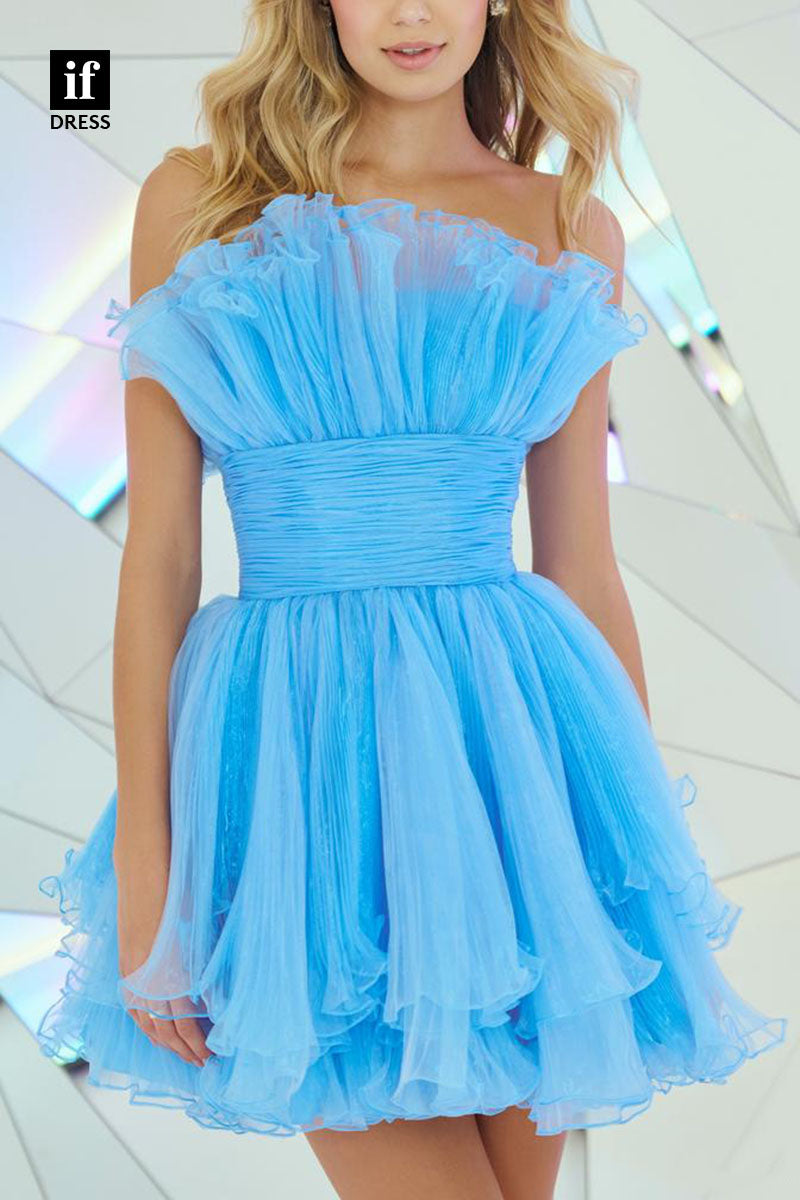 F1204 - Strapless Sleeveless Ruched Tulle A-Line Mini Homecoming Dress