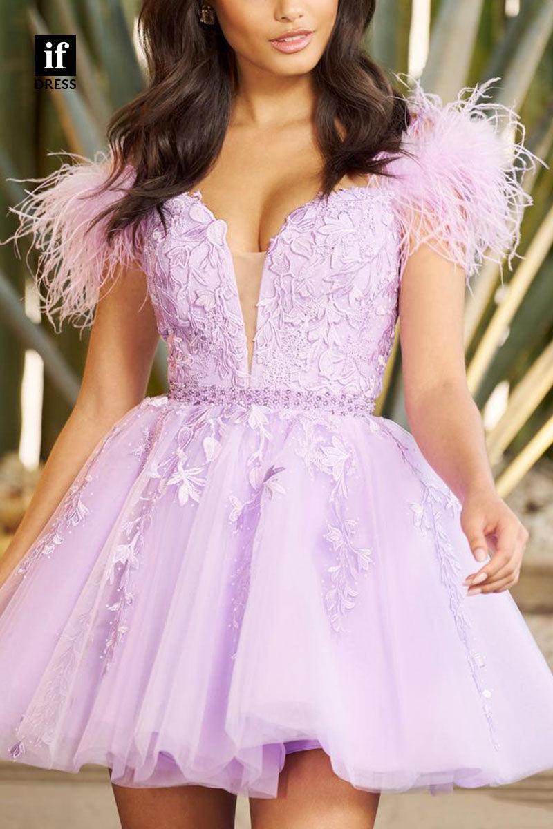 F1206 - Adorable V-Neck A-Line Appliques Feathers Short Homecoming Dress