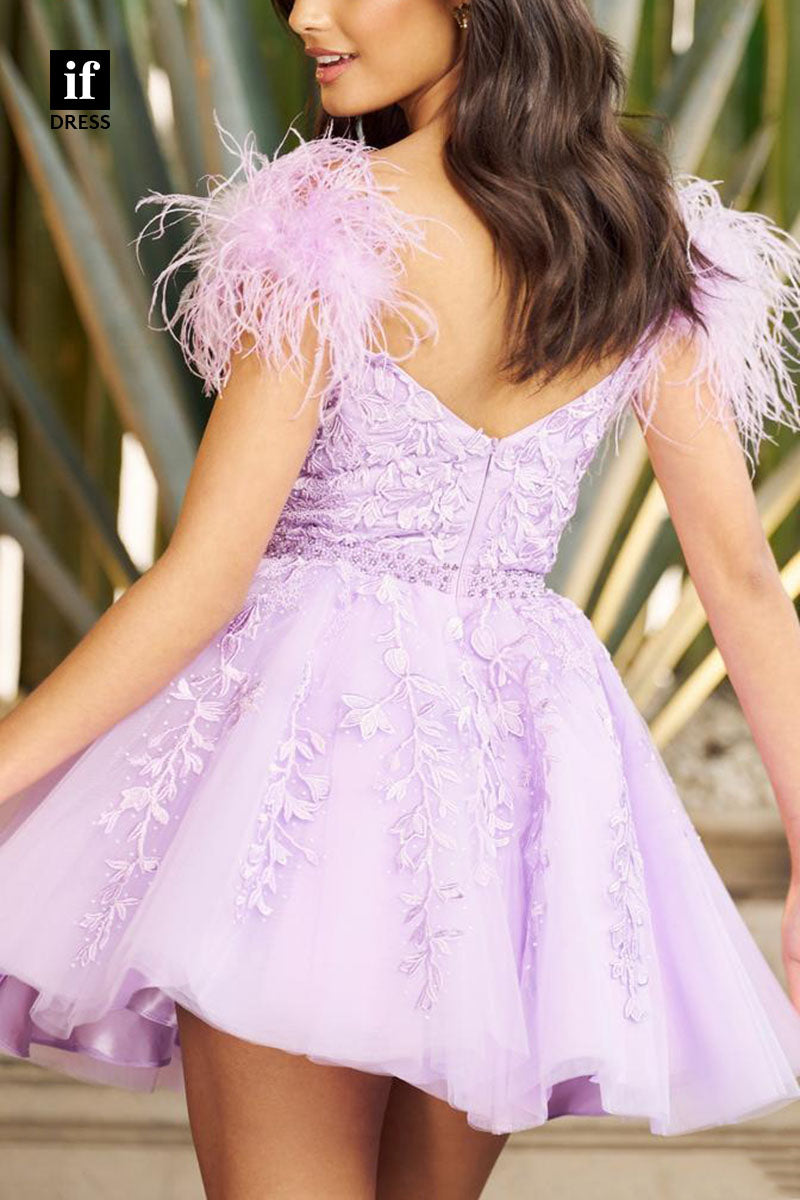 F1206 - Adorable V-Neck A-Line Appliques Feathers Short Homecoming Dress