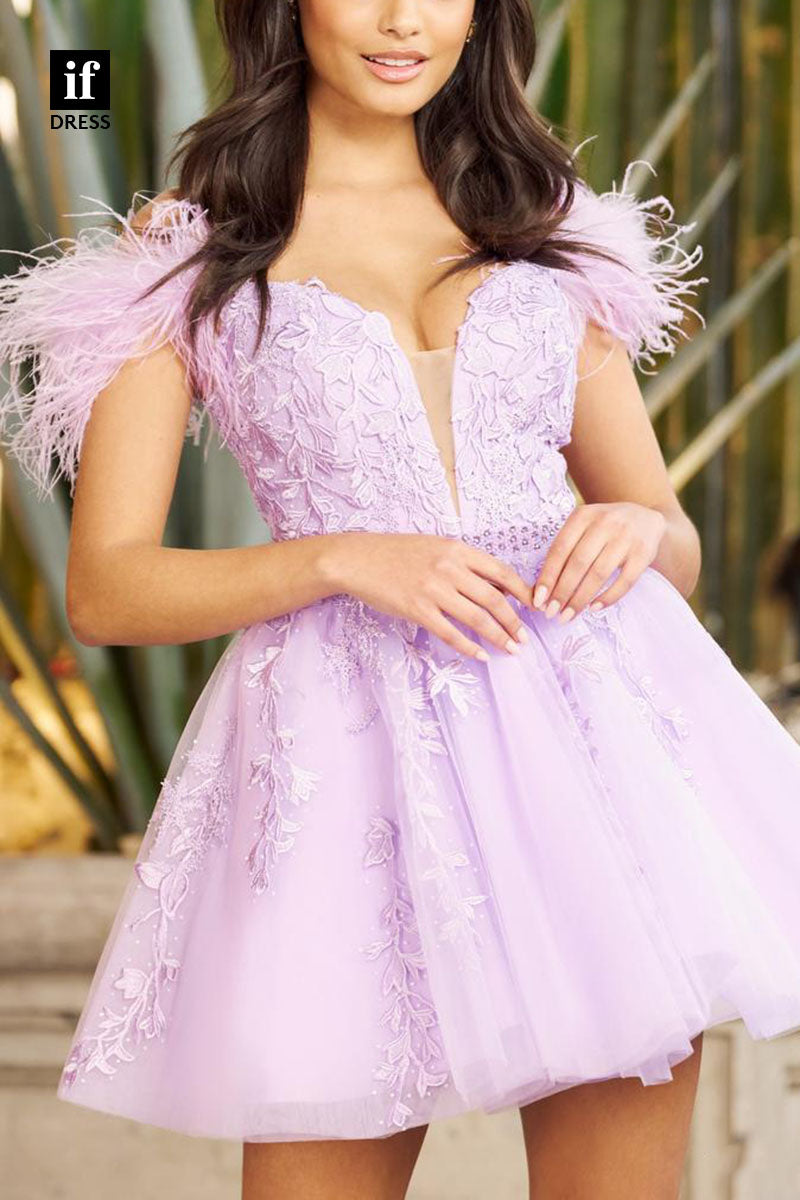 F1206 - Adorable V-Neck A-Line Appliques Feathers Short Homecoming Dress