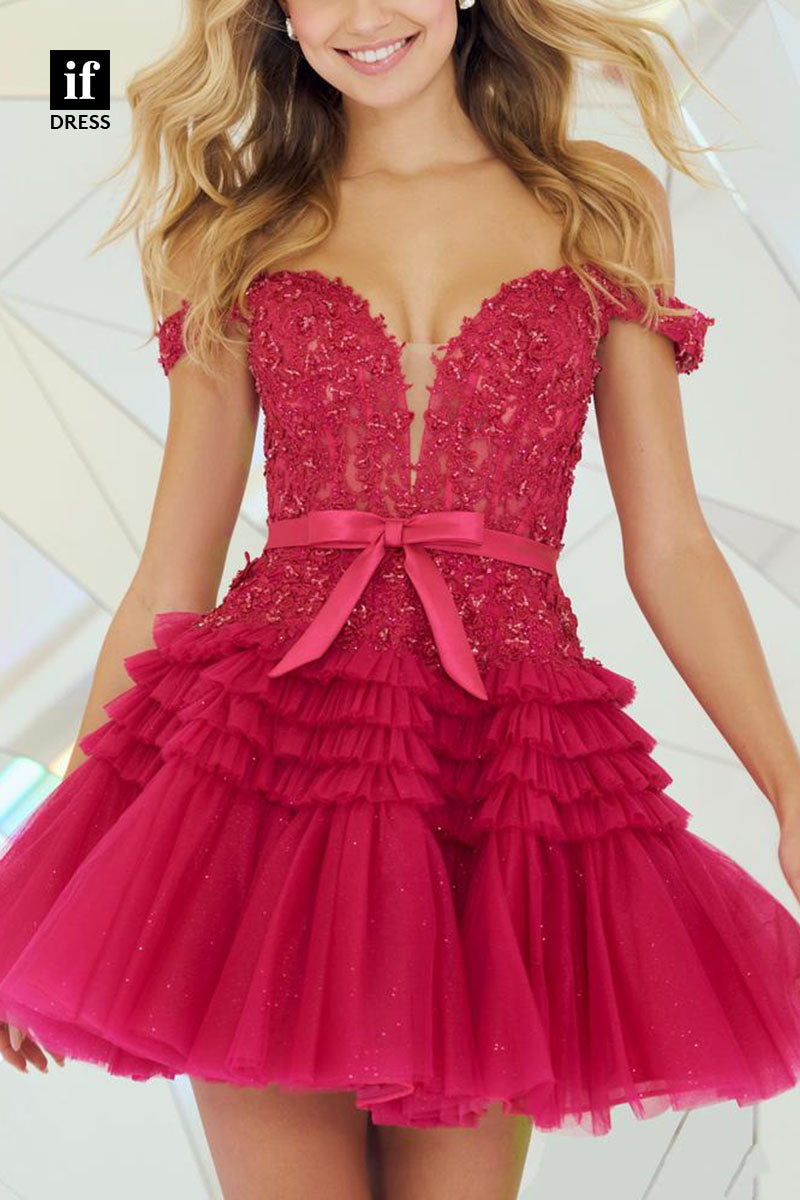 F1209 - Low V-Neck Off-Shoulder Appliqued Tulle A-Line Short Homecoming Dress