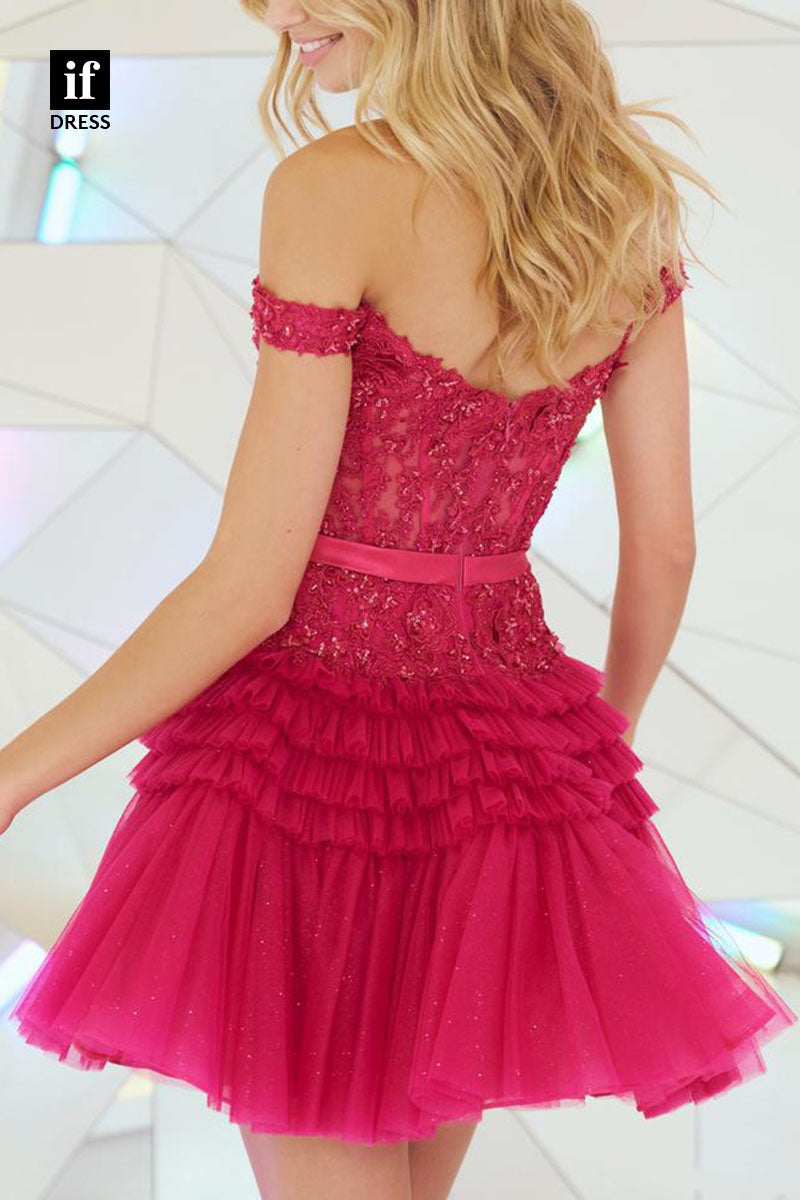 F1209 - Low V-Neck Off-Shoulder Appliqued Tulle A-Line Short Homecoming Dress