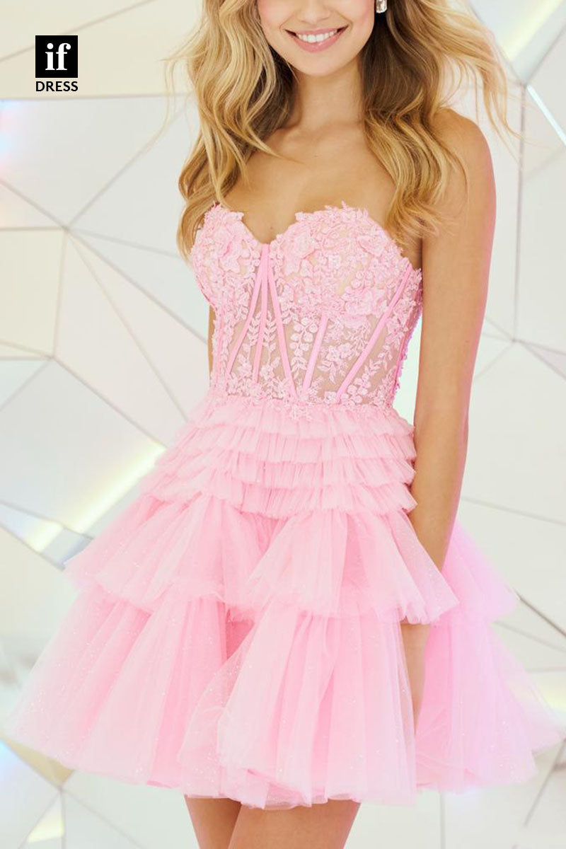 F1212 - Sweetheart Strapless Appliqued Tiered Tulle A-Line Mini Homecoming Dress