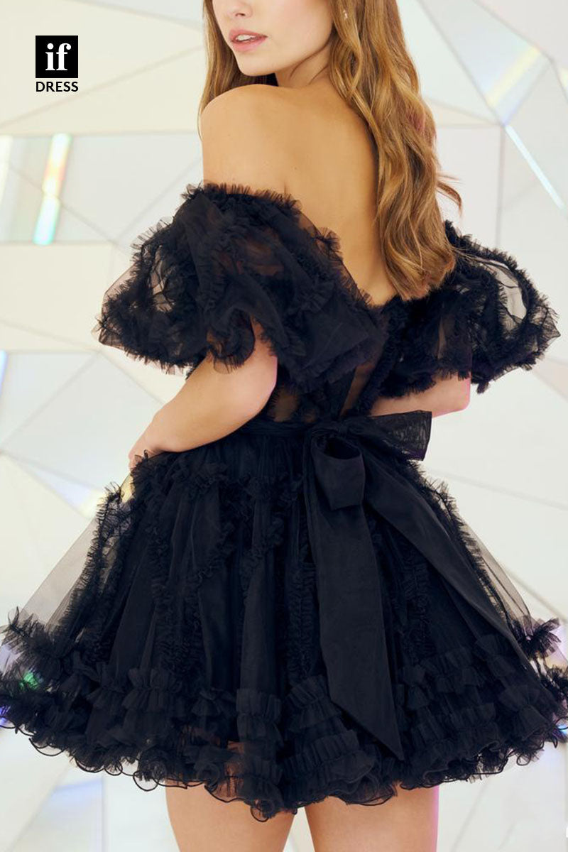 F1217 - Unique Off-Shoulder Illusion Tulle A-Line Mini Homecoming Dress