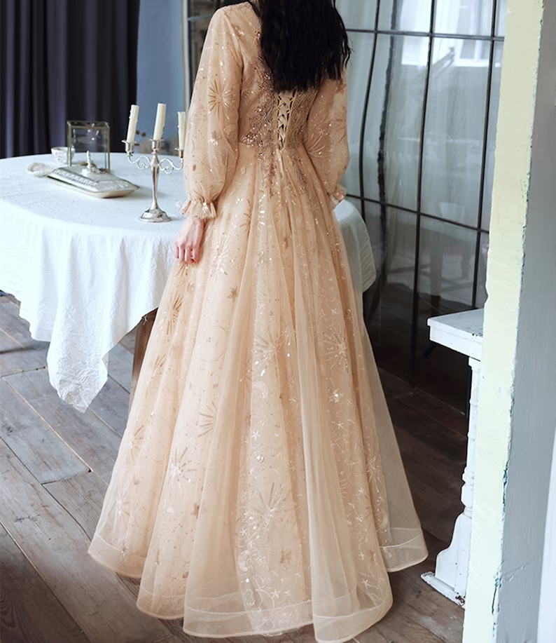 Champagne Puffy Sleeves Long Beaded Party Dress, Champagne Tulle Prom Dress