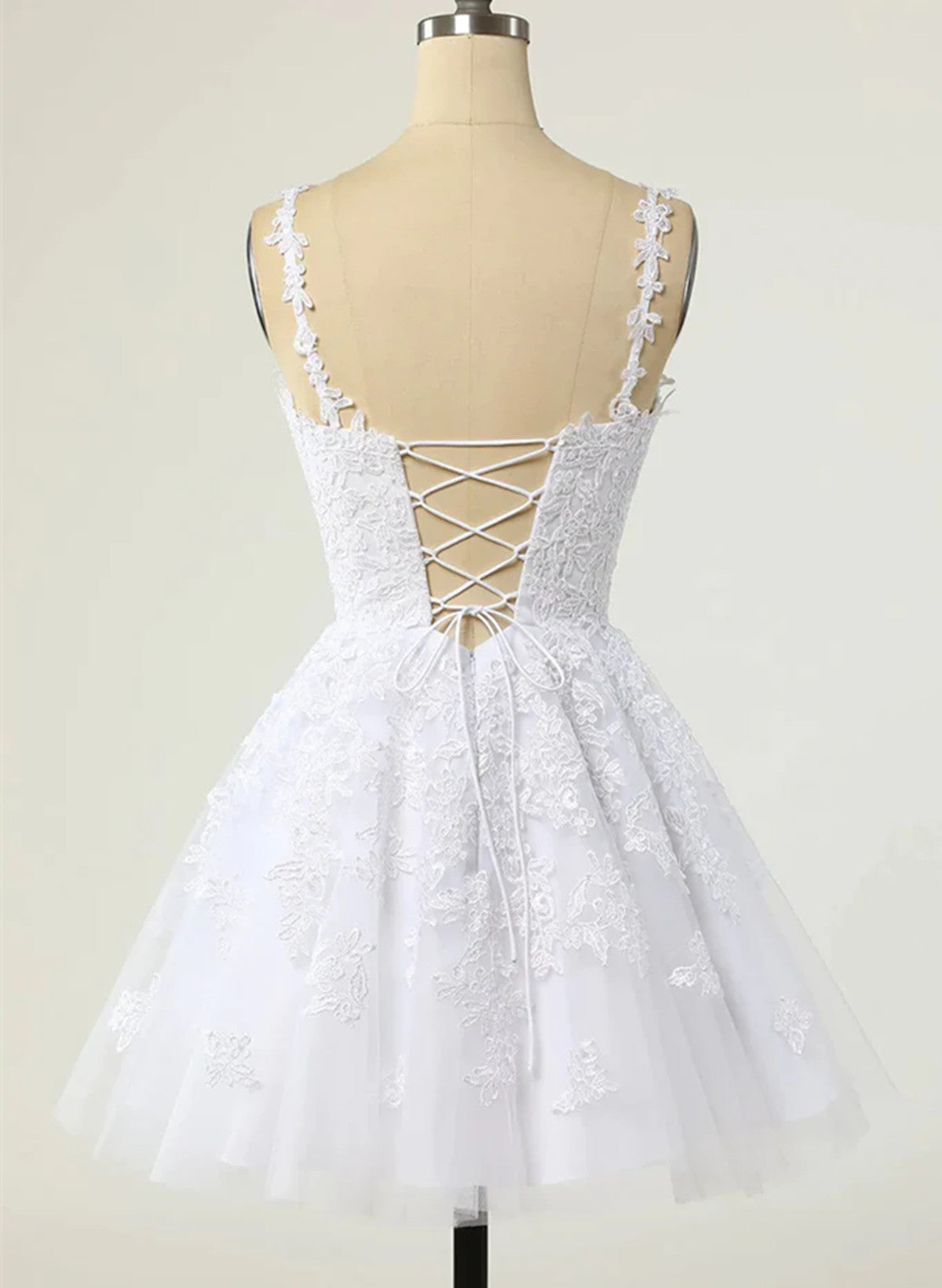 Cute V-neckline White Tulle with Lace Graduation Dress, White Short Party Dress