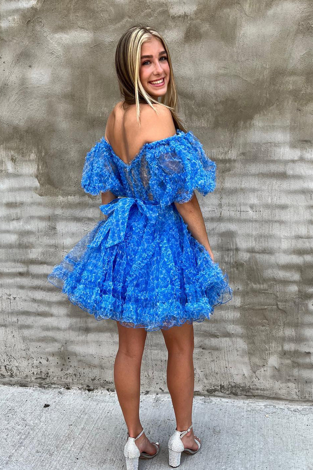 Blue Homecoming Dress Corset Printed A-Line Short Prom Dress with Sleeves