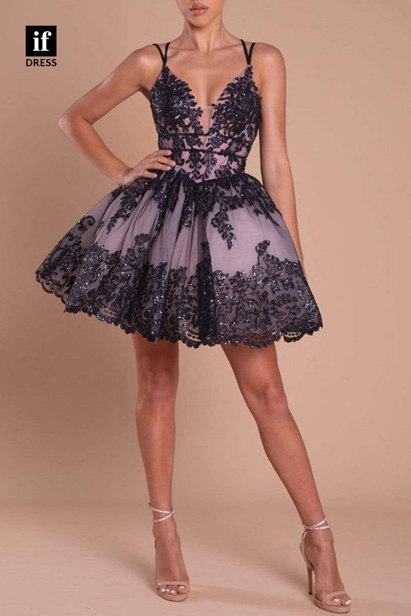 F1274 - Exquisite V-Neck Lace Appliques Short Cocktail Graduation Homecoming Ball Gown