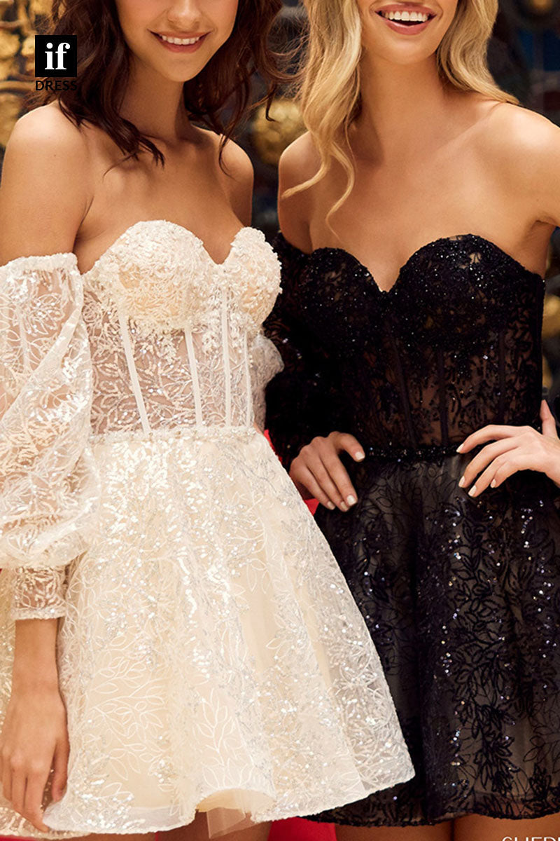 F1280 - Stunning Off Shoulder Lace Appliques Mini Party Homecoming Dress