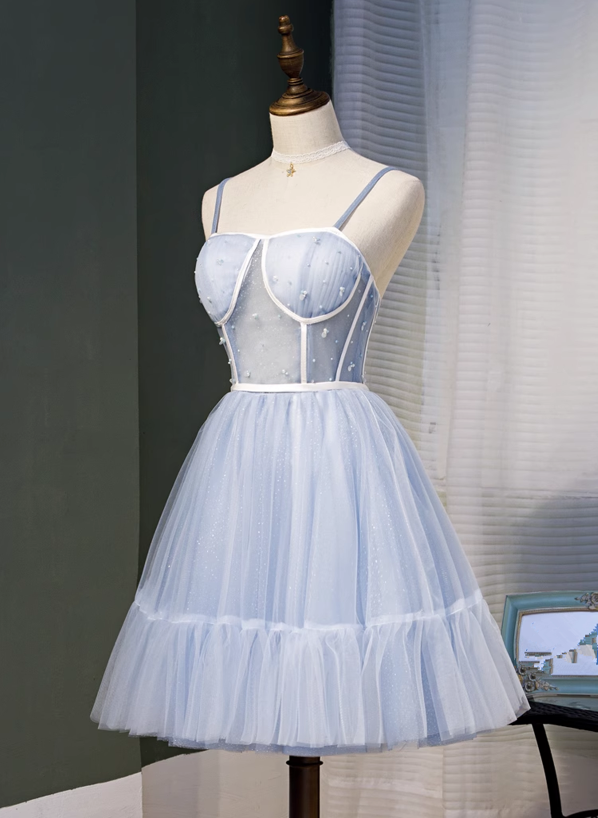 Light Blue Tulle Sweetheart Straps Party Dress, Light Blue Homecoming Dress