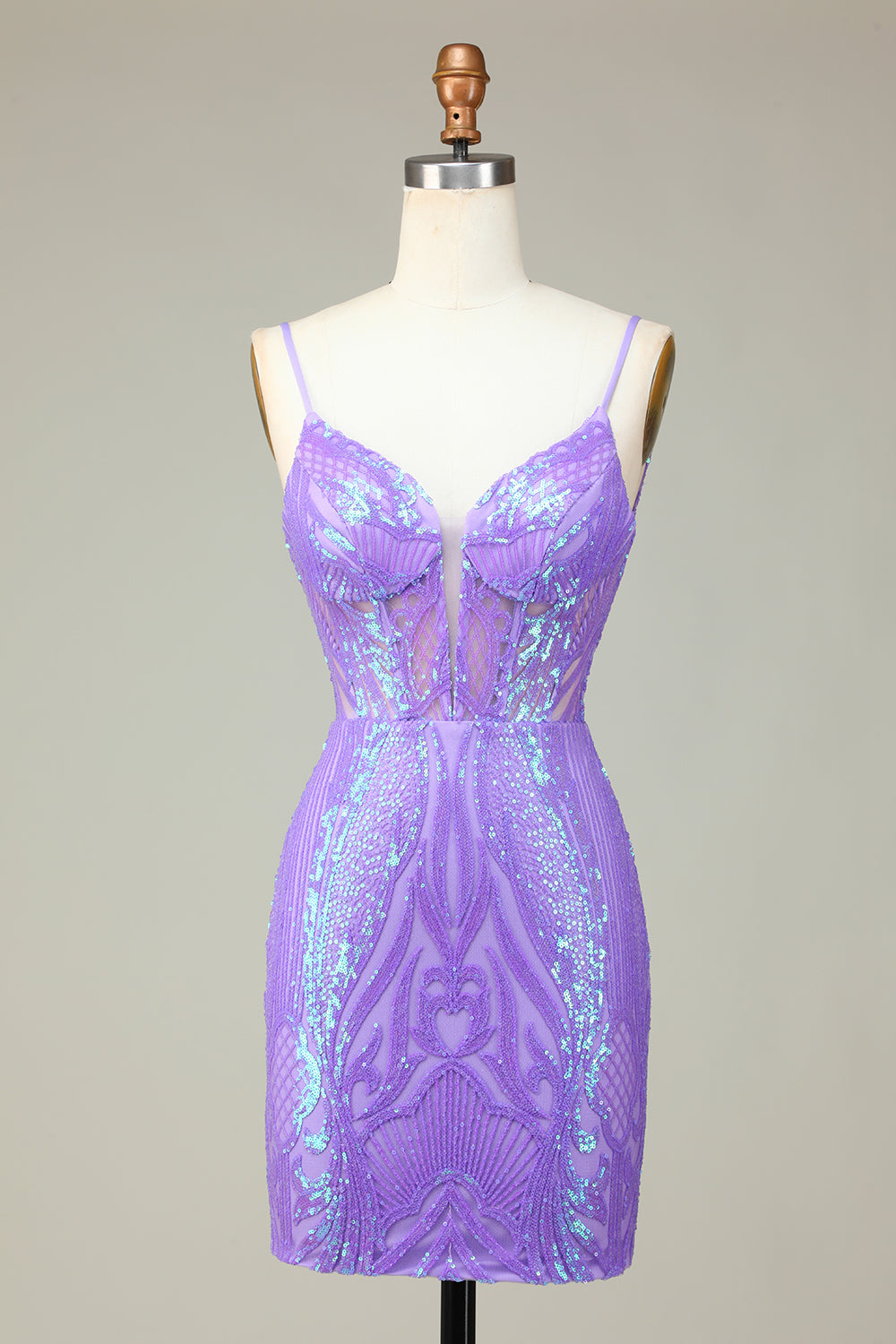 Bodycon Spaghetti Straps Lilac Homecoming Dress Sequin Corset Prom Dress with Criss Cross Back