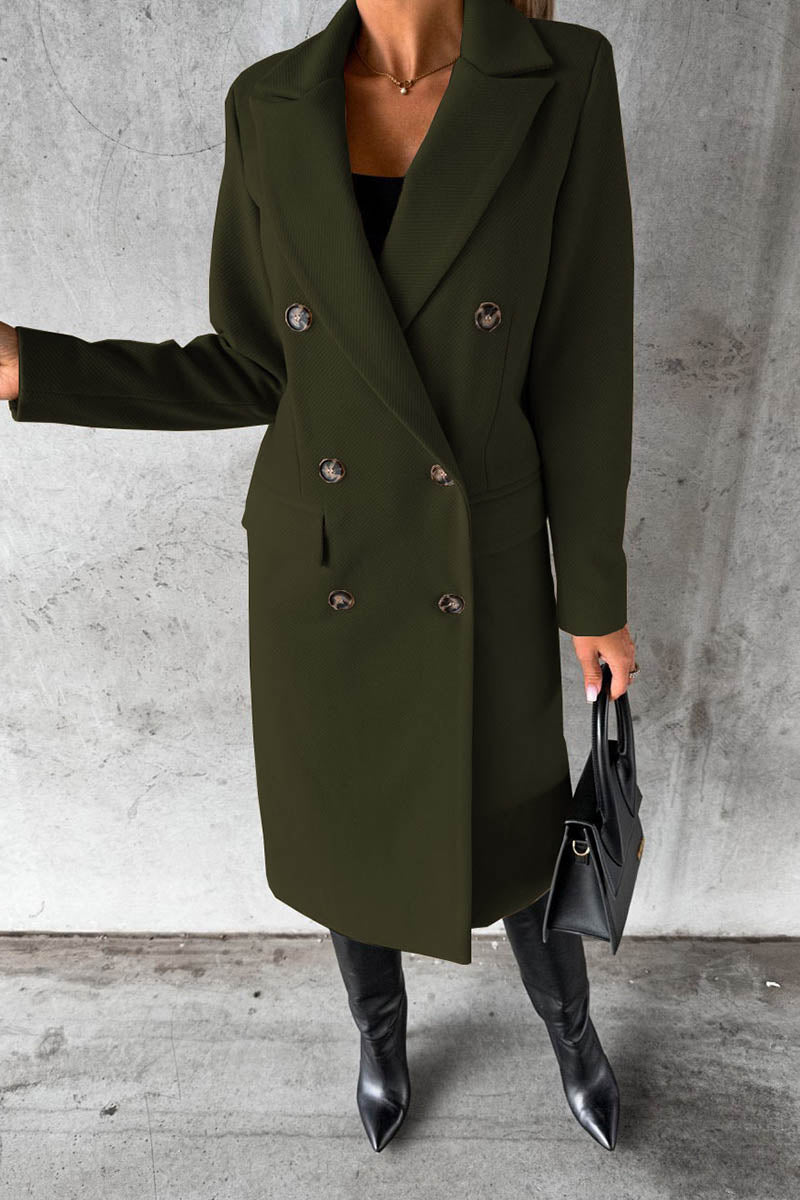 Solid Color Long Sleeve Double Breasted Coat with Pockets