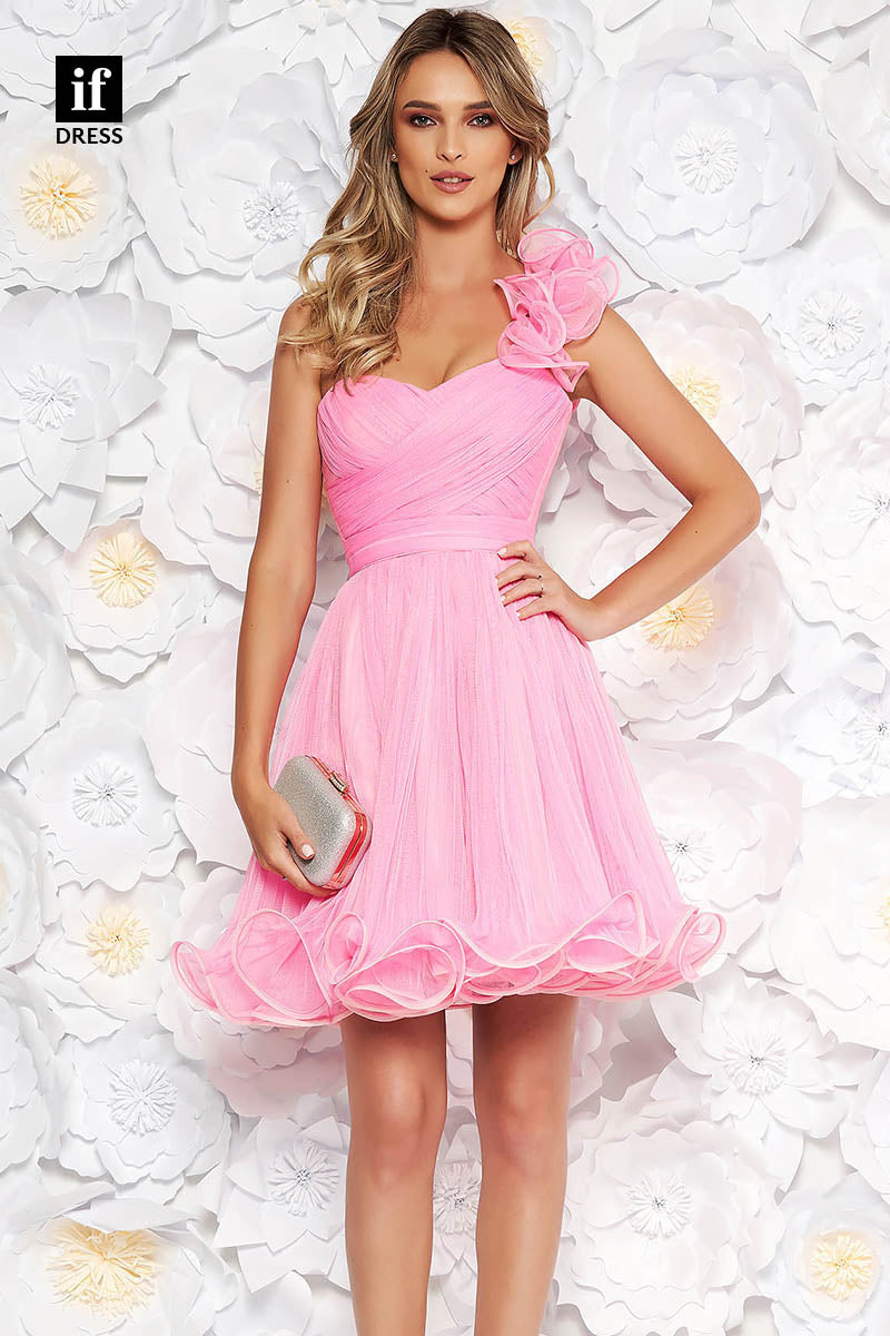 F1403 - Sweet One Shoulder A-Line Ruffles Short Cocktail Homecoming Graduation Dress