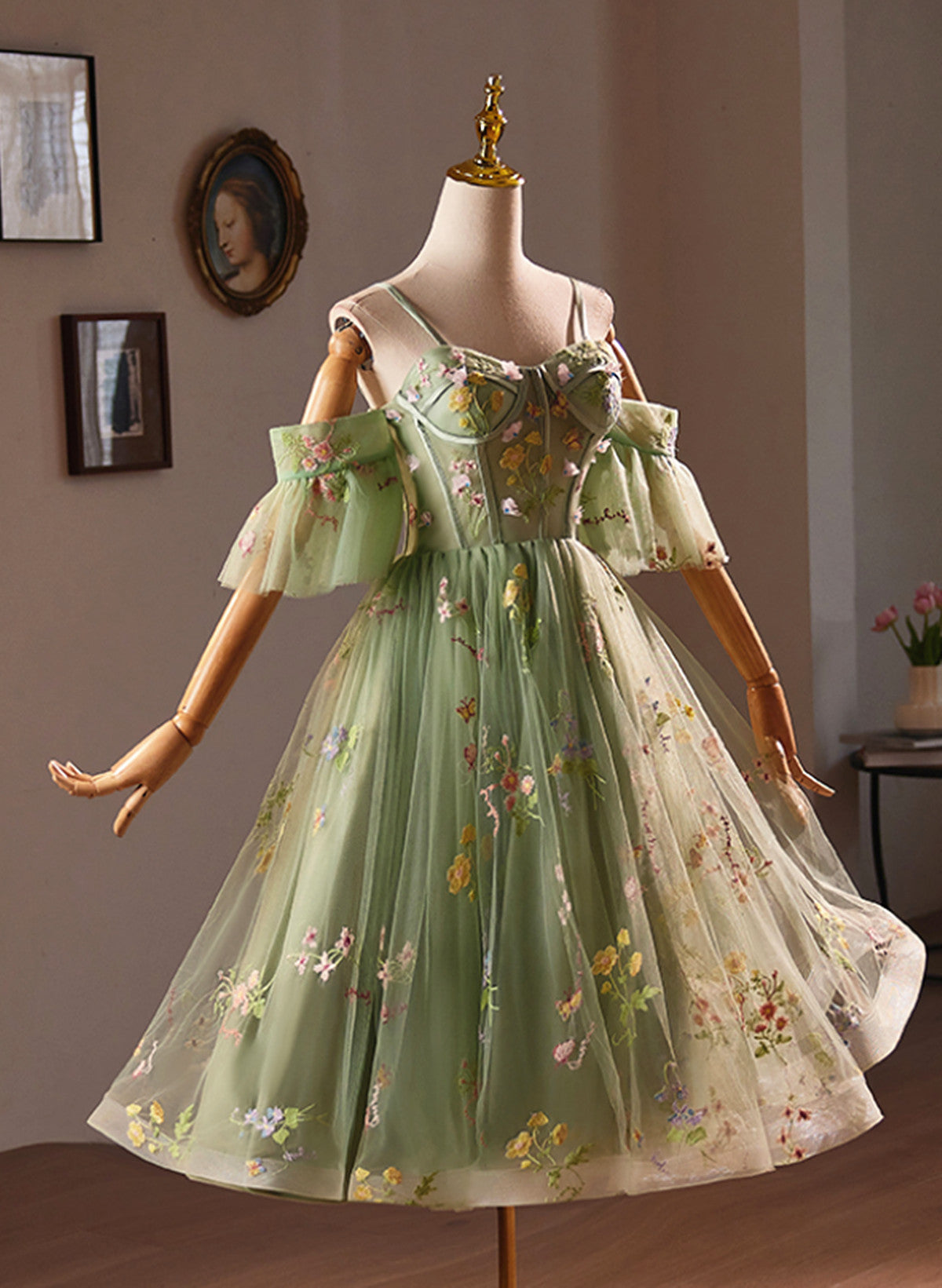 Lovely Light Green Sweetheart Tulle Floral Homecoming Dress, Green Short Prom Dress