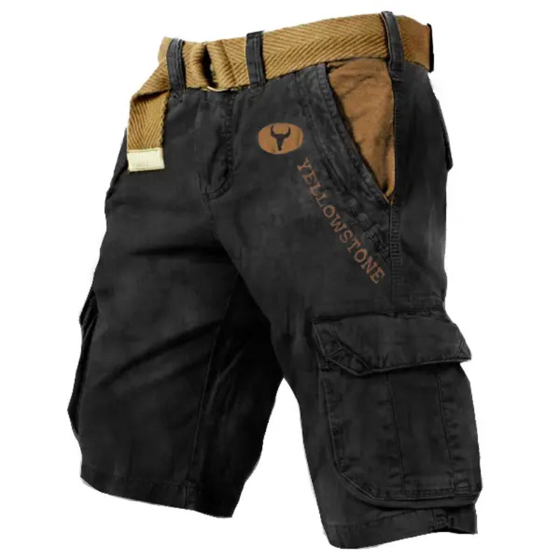 Men's Vintage Yellowstone Wash Print Multi-Pocket Tactical Shorts