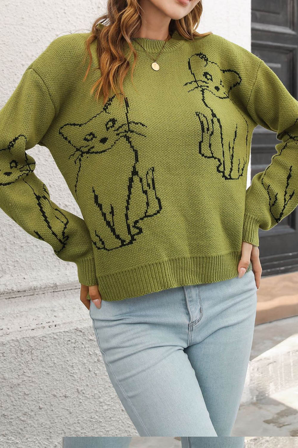 Cat Jacquard Loose Long Sleeve Sweater