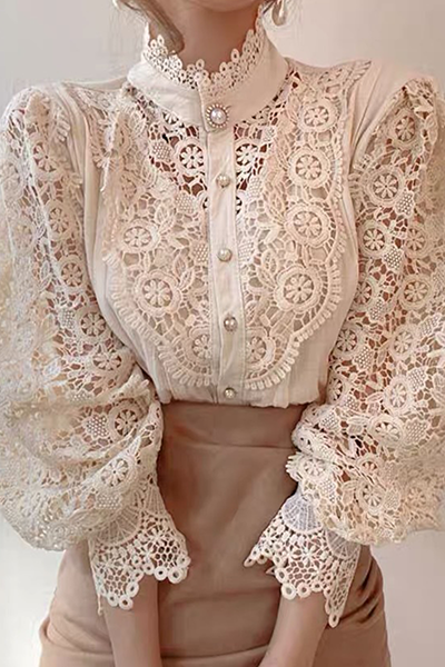 Elegant Patchwork Lace Hollowed Out Buckle Mandarin Collar Blouses(3 Colors)