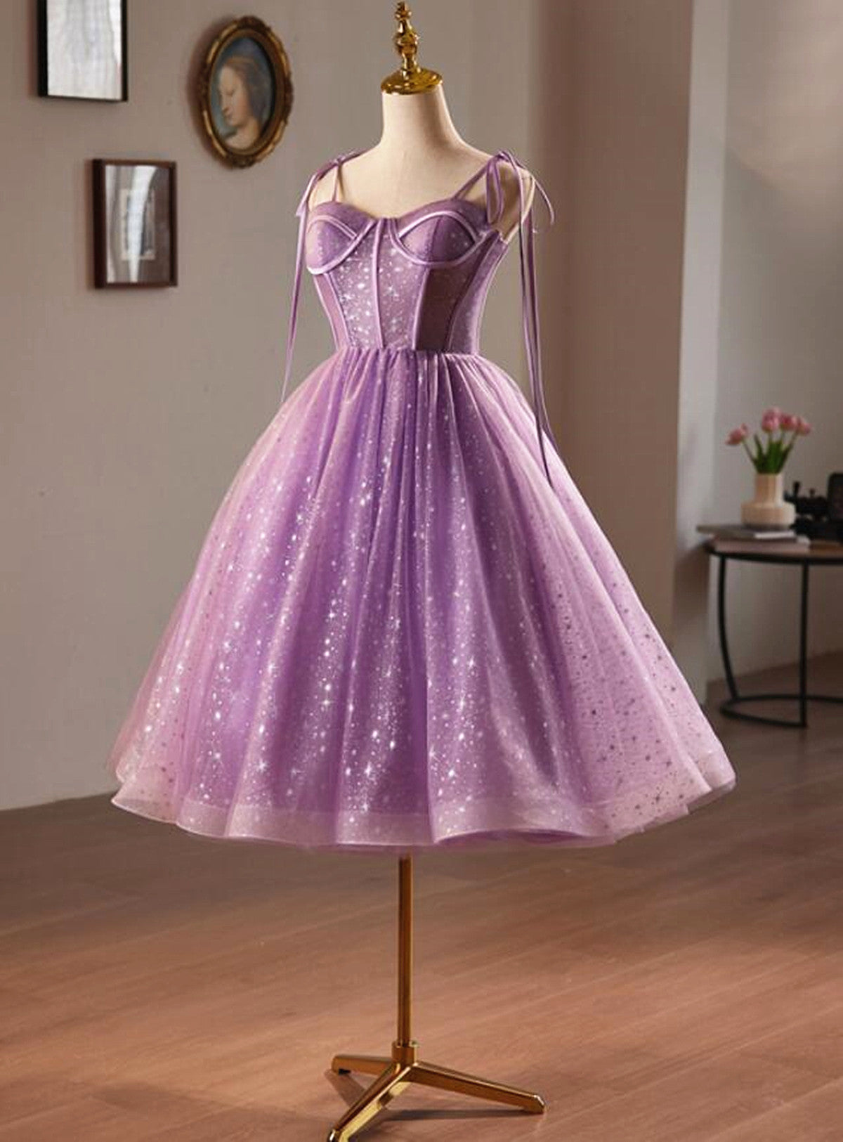 Light Purple Knee Length Straps Party Dress, Light Purple Homecoming Dress