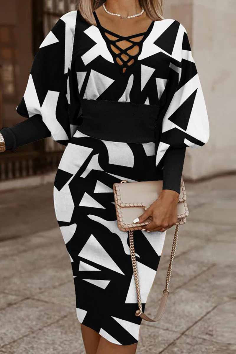 Casual Print Patchwork V Neck Long Sleeve Dresses