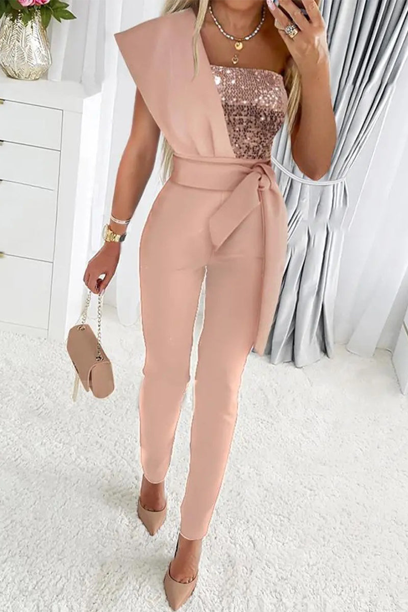 Sweet Elegant Patchwork Sequins Asymmetrical Collar Regular Jumpsuits(5 Colors)