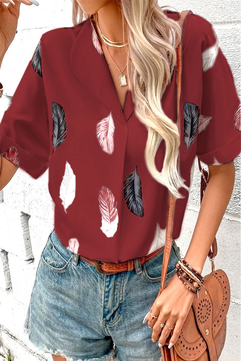 Casual Print Patchwork Turndown Collar Tops