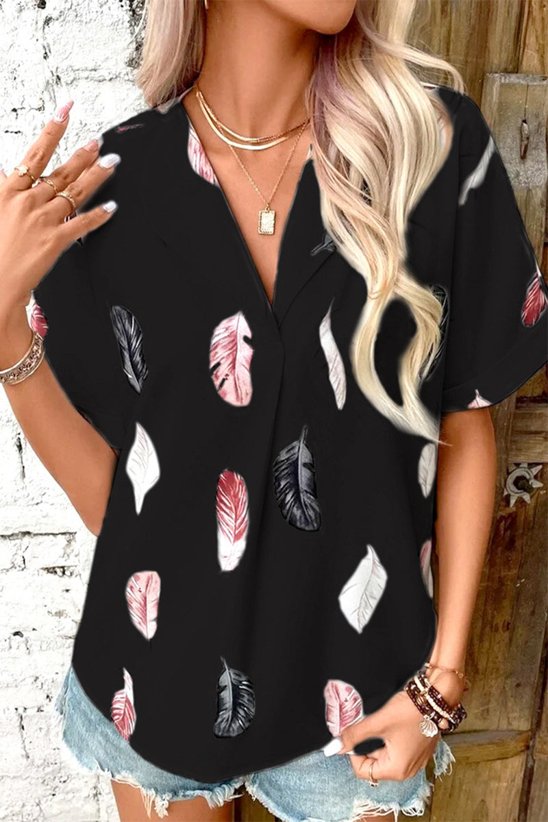 Casual Print Patchwork Turndown Collar Tops