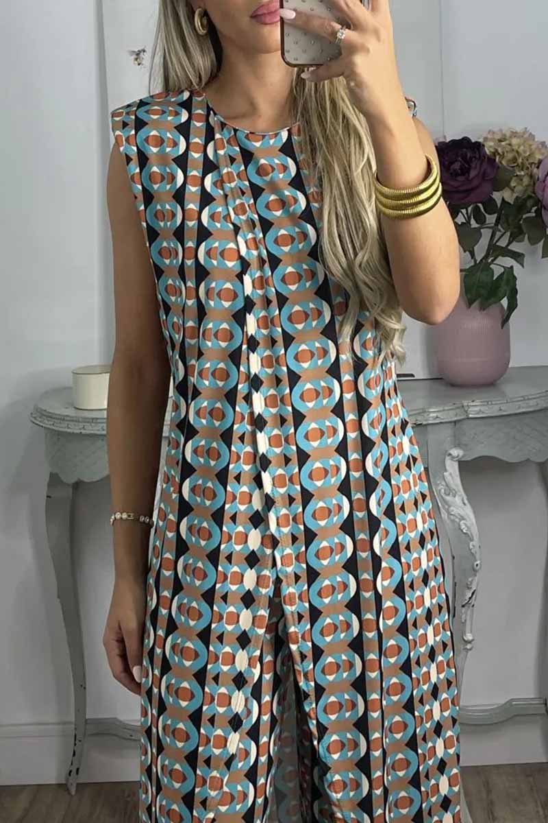 Casual Print Slit O Neck Sleeveless Two Pieces