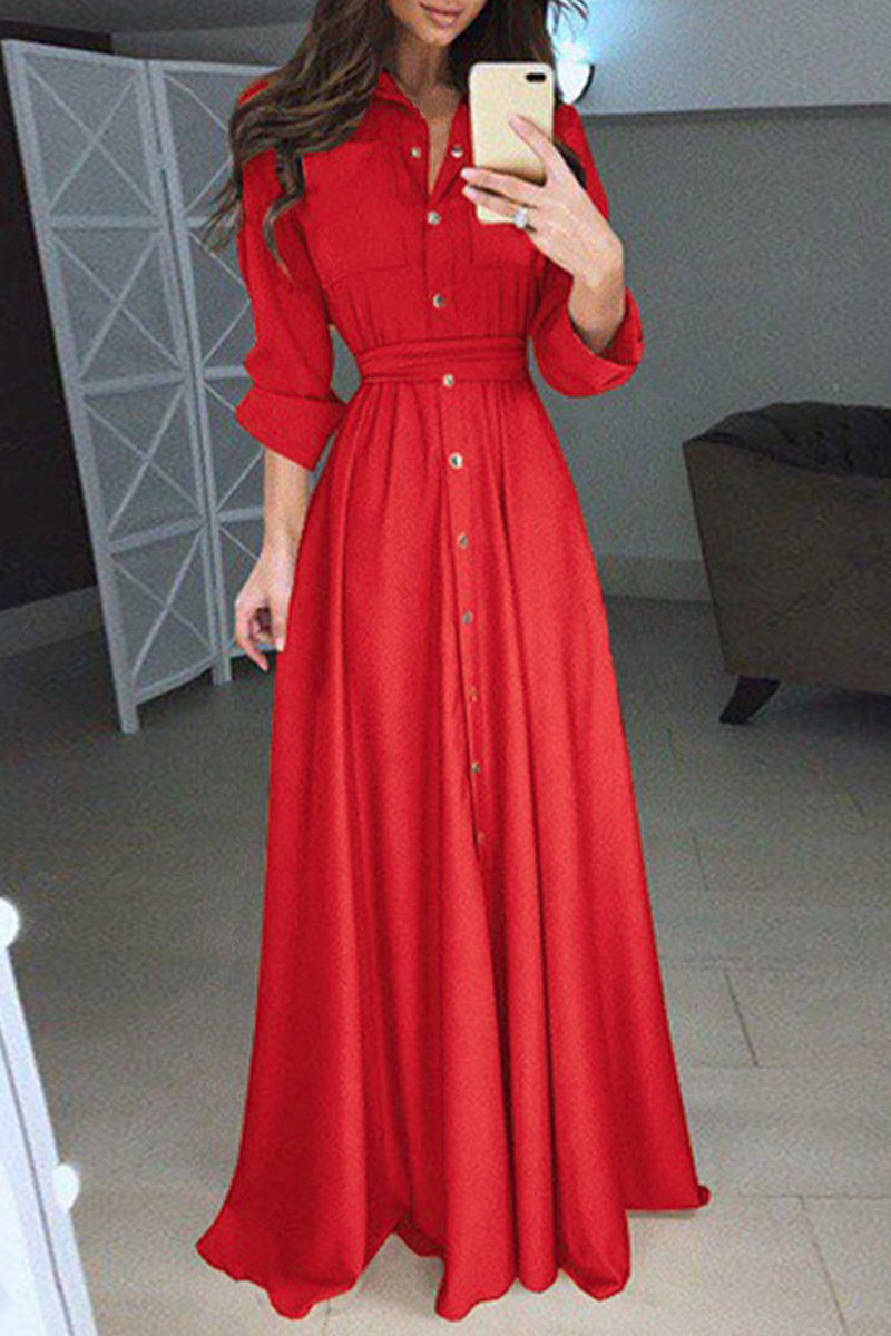 Elegant Solid Frenulum Turndown Collar Shirt Dress Dresses