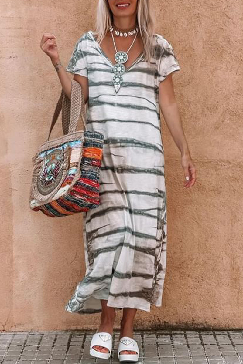 Casual Striped V Neck A Line Dresses