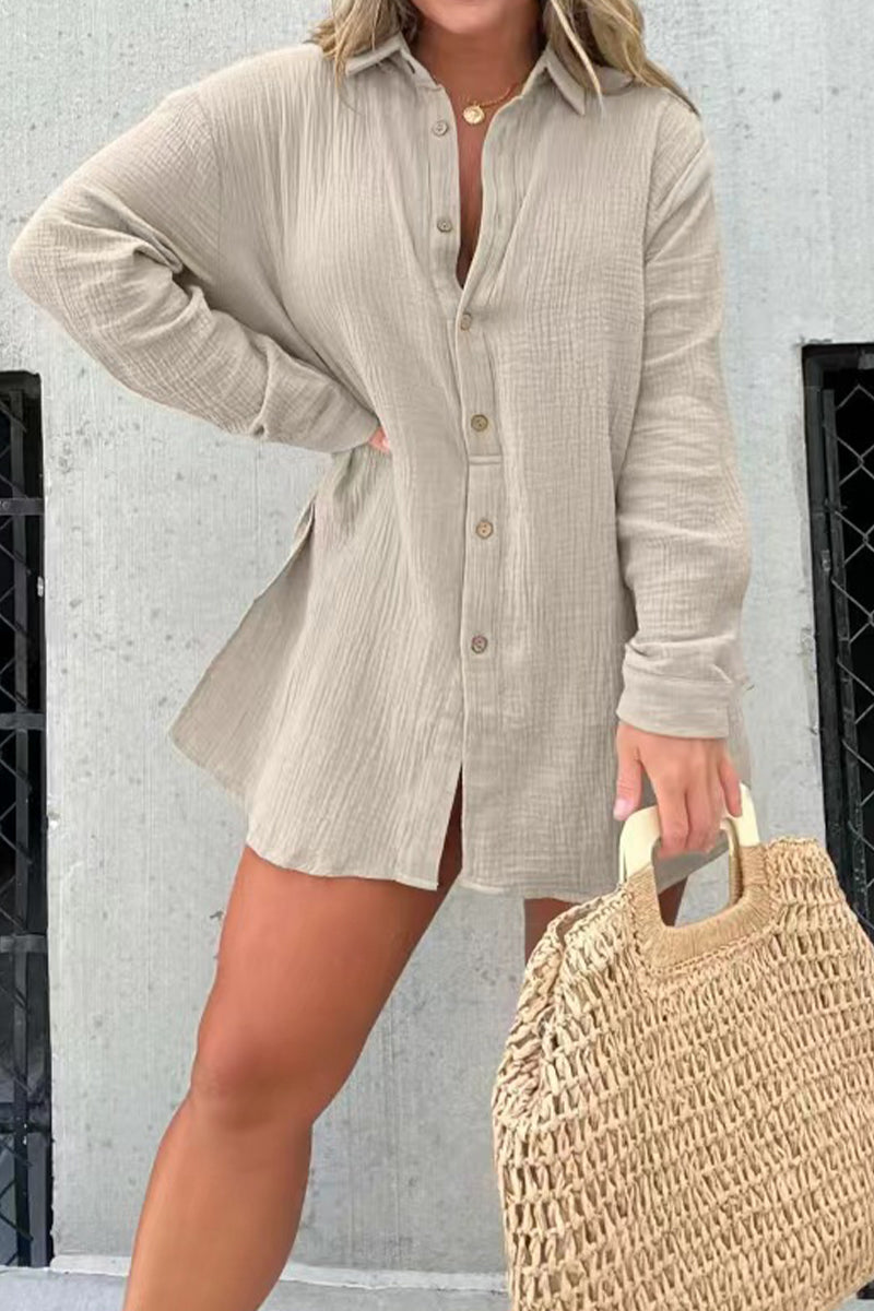 Casual Solid Patchwork Turndown Collar Long Sleeve Two Pieces