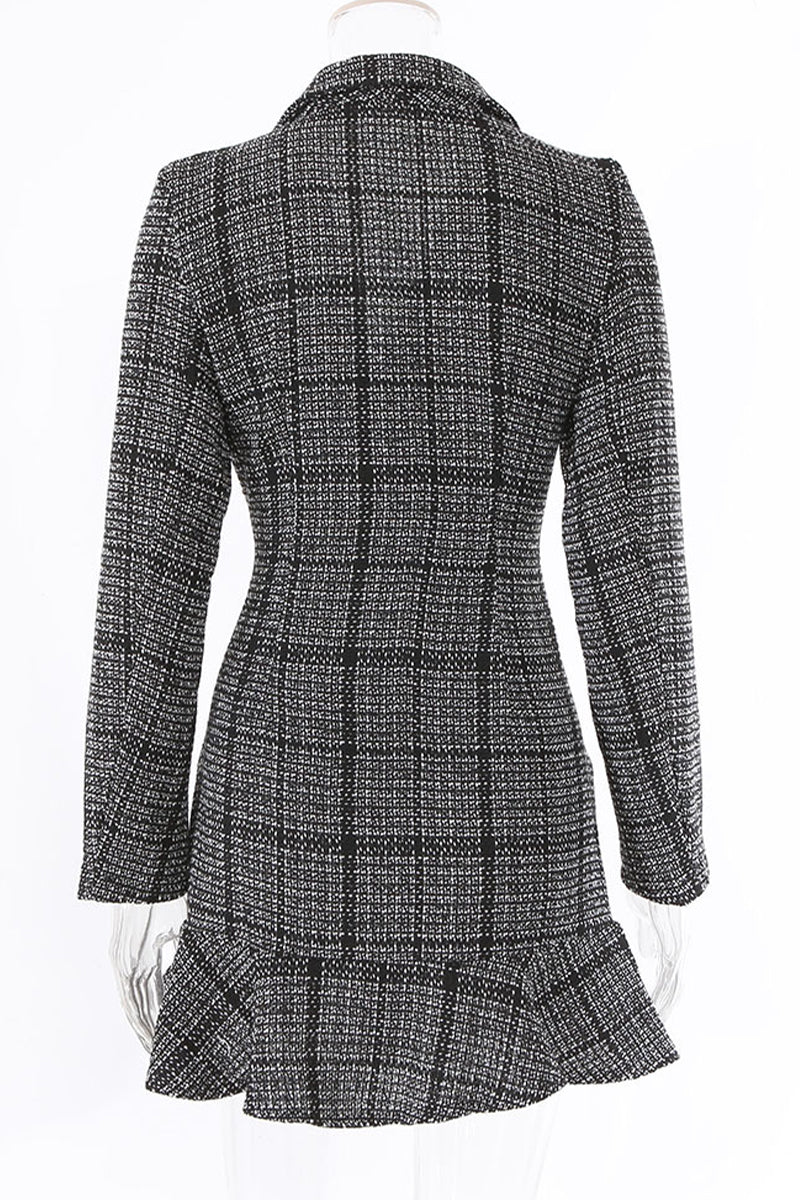 Celebrities Elegant Plaid Patchwork Turn-back Collar Waist Skirt Dresses