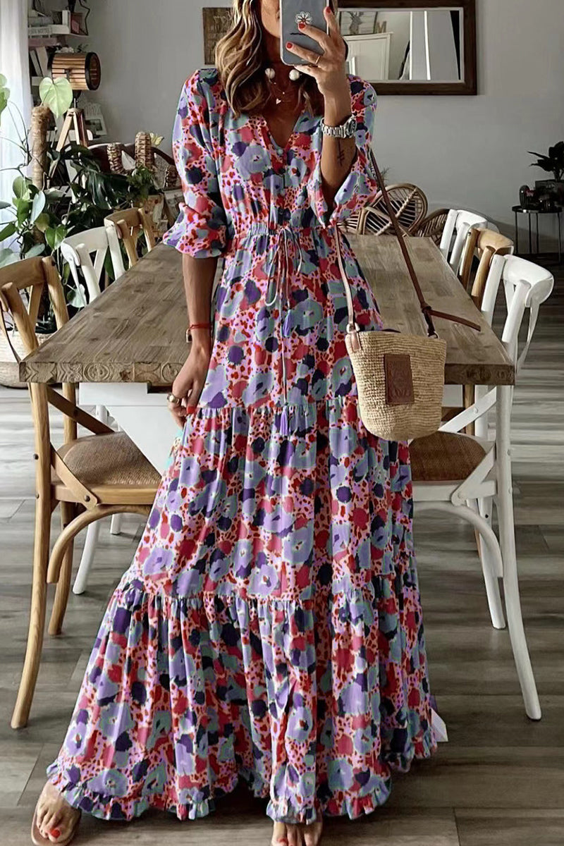 Bohemian College Floral Frenulum V Neck Printed Dress Dresses