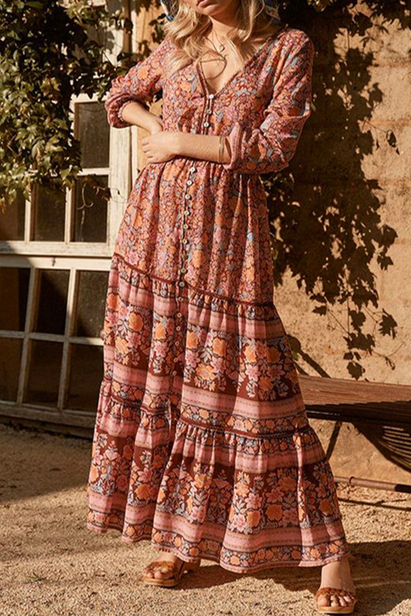 Bohemian College Floral Hollowed Out V Neck Printed Dress Dresses