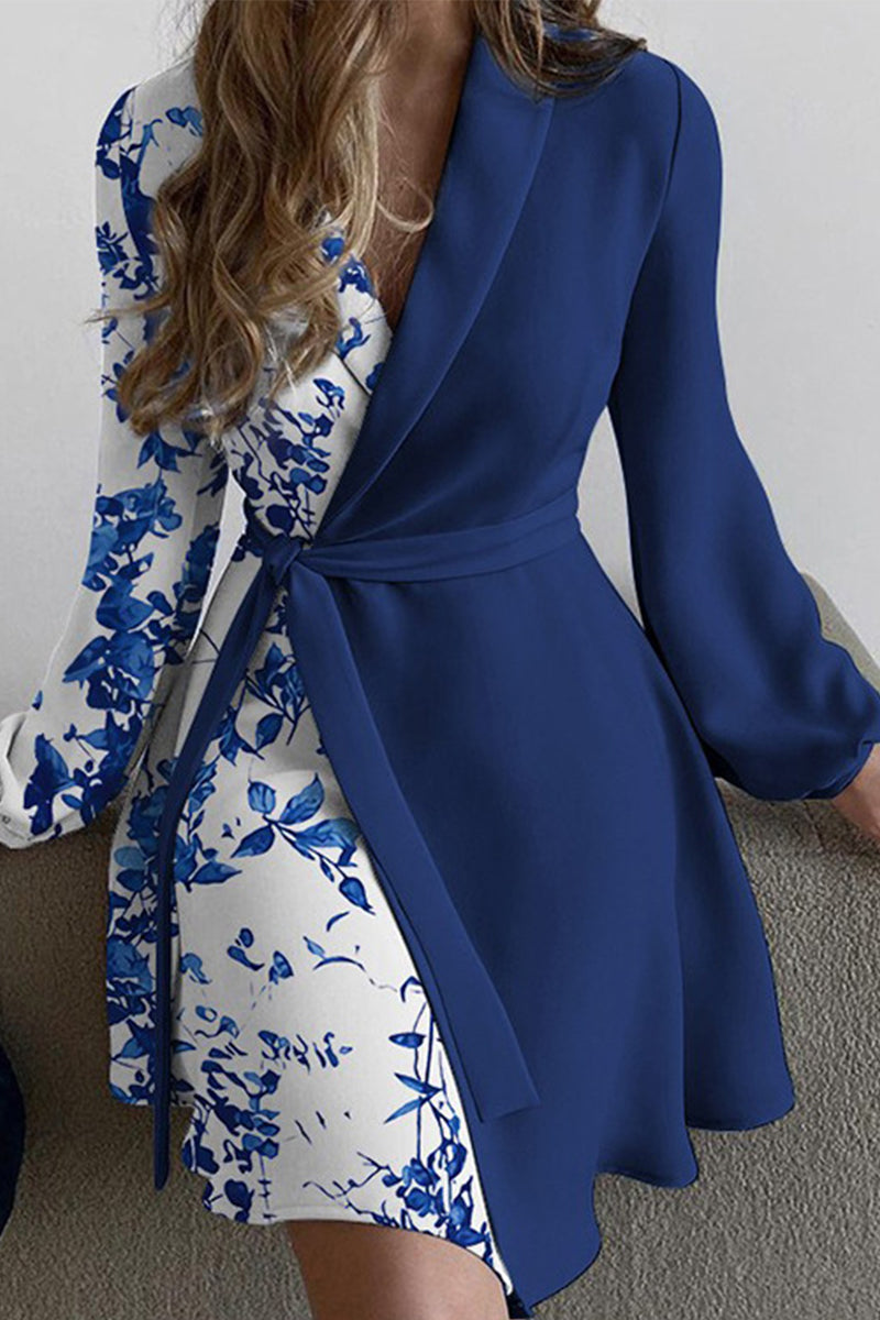 Elegant Print Frenulum Turn-back Collar A Line Dresses