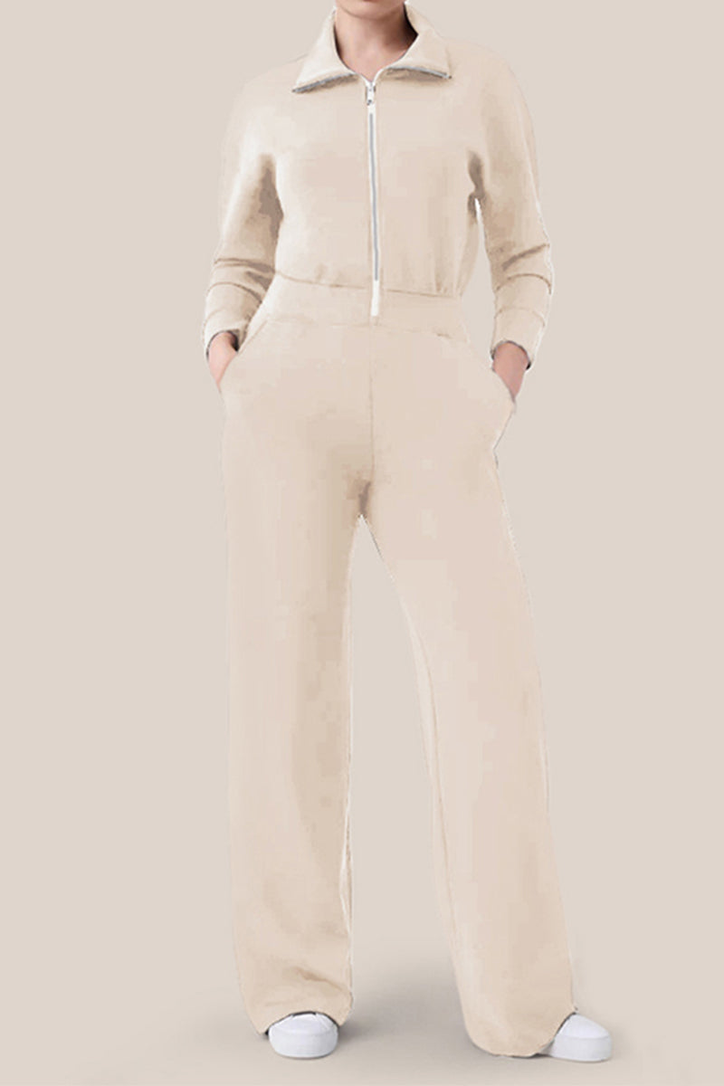 Casual Simplicity Solid Pocket Zipper Turndown Collar Jumpsuits