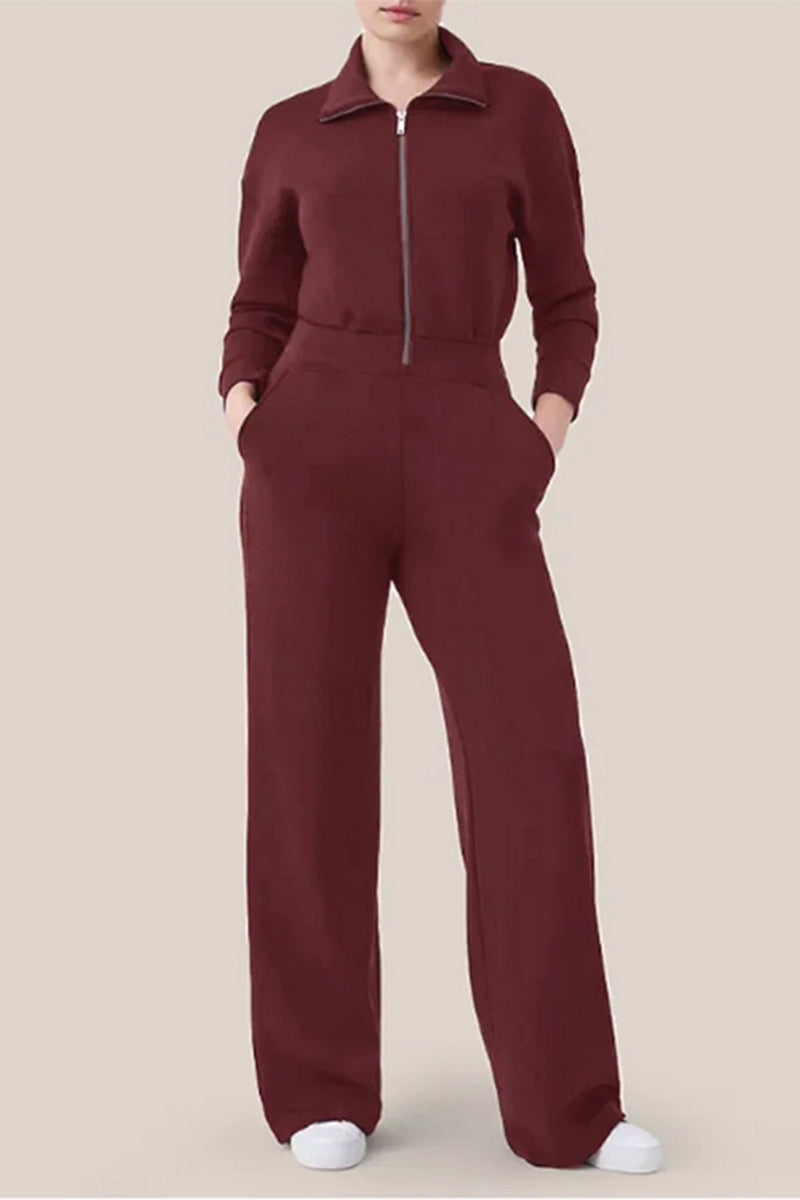 Casual Simplicity Solid Pocket Zipper Turndown Collar Jumpsuits