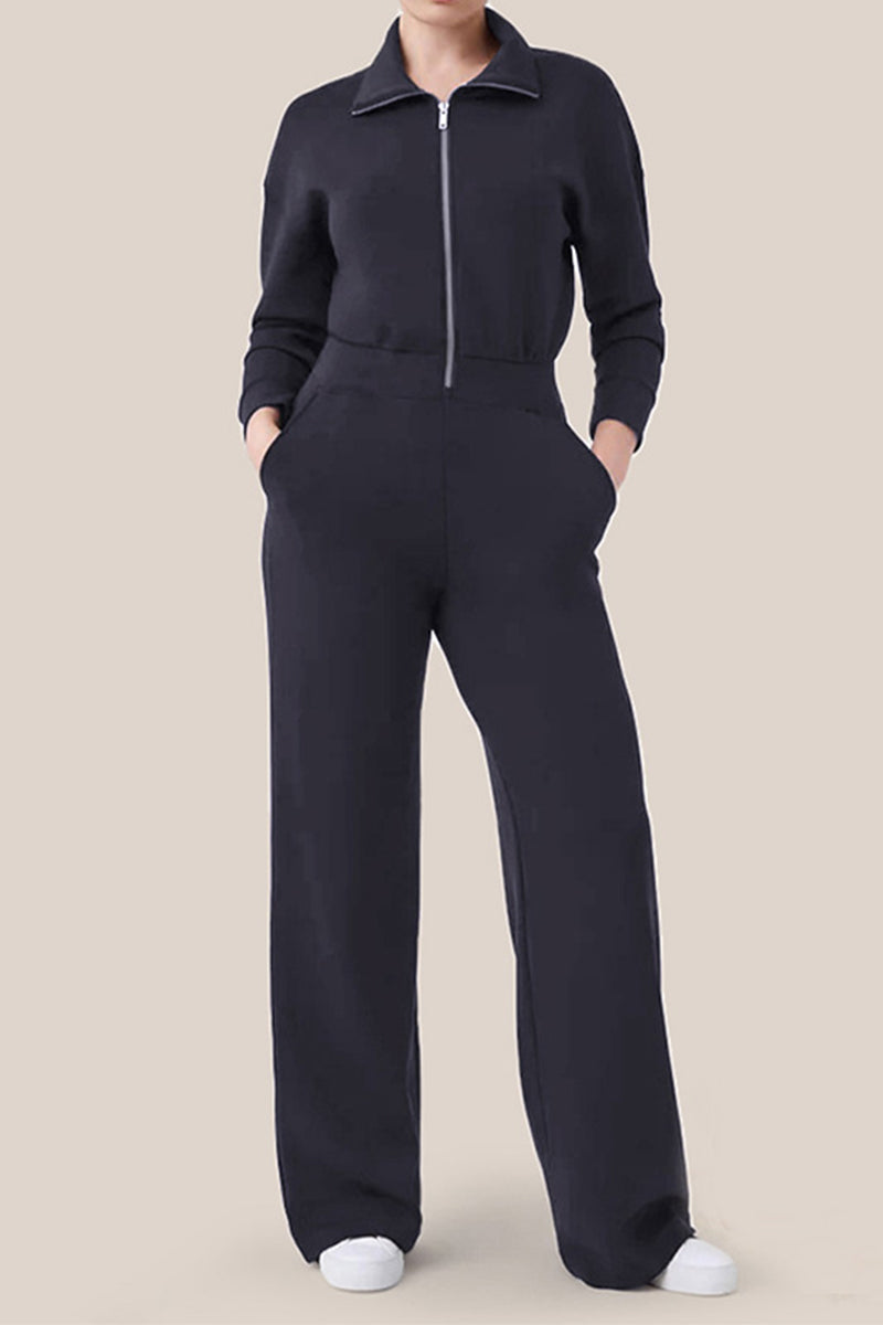 Casual Simplicity Solid Pocket Zipper Turndown Collar Jumpsuits