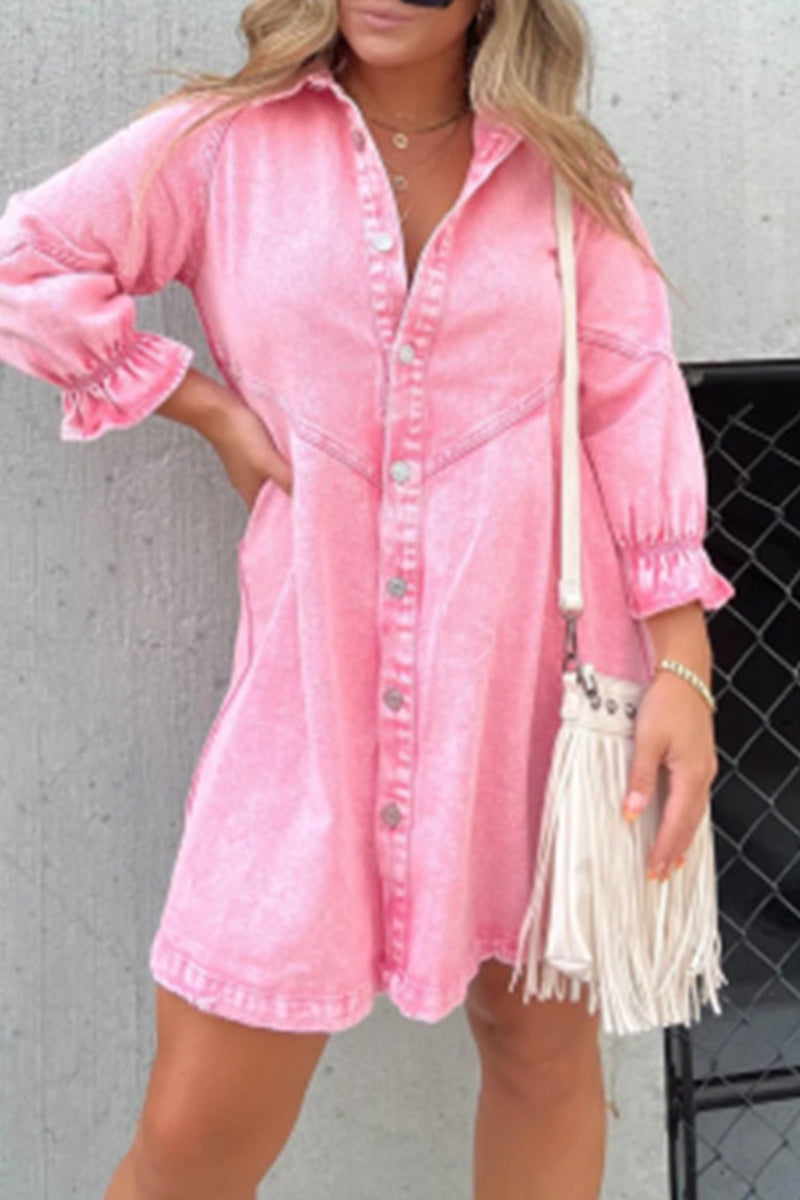 Casual Solid Make Old Buttons Turndown Collar Shirt Dress Dresses