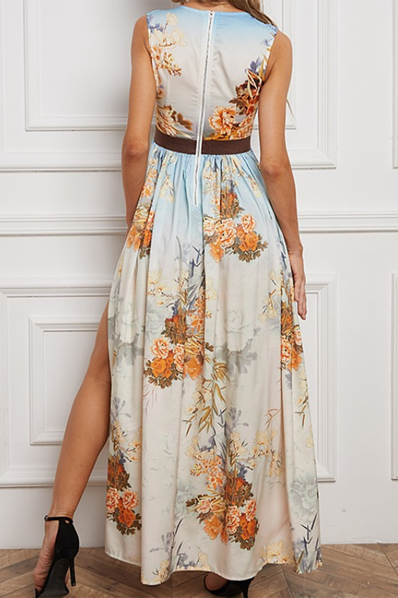 Vintage Elegant Print Slit O Neck Printed Dress Dresses