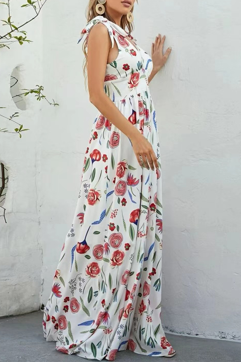 Sweet Elegant Floral With Bow V Neck Printed Dress Dresses