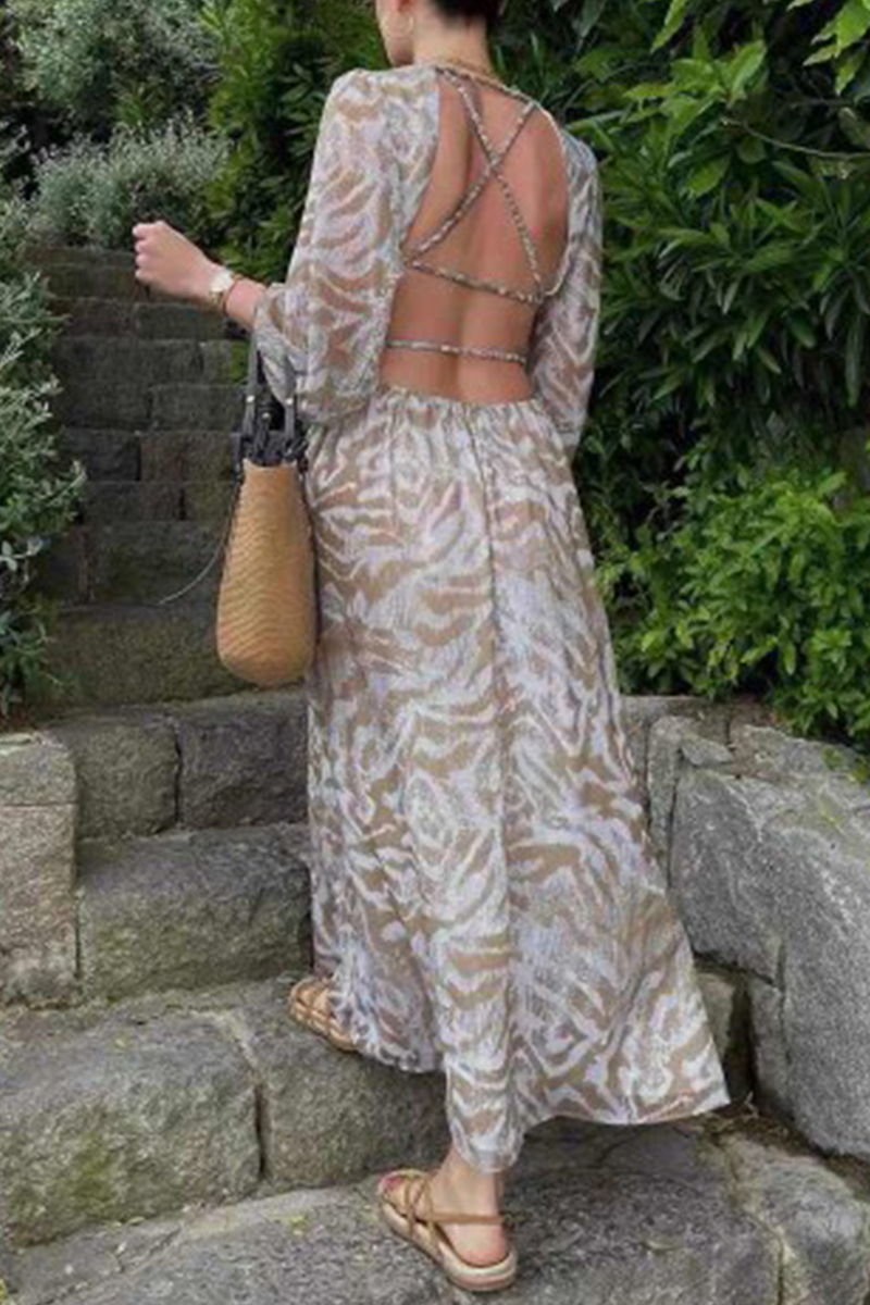 Sweet Elegant Geometric Backless Printing O Neck Long Sleeve Dresses