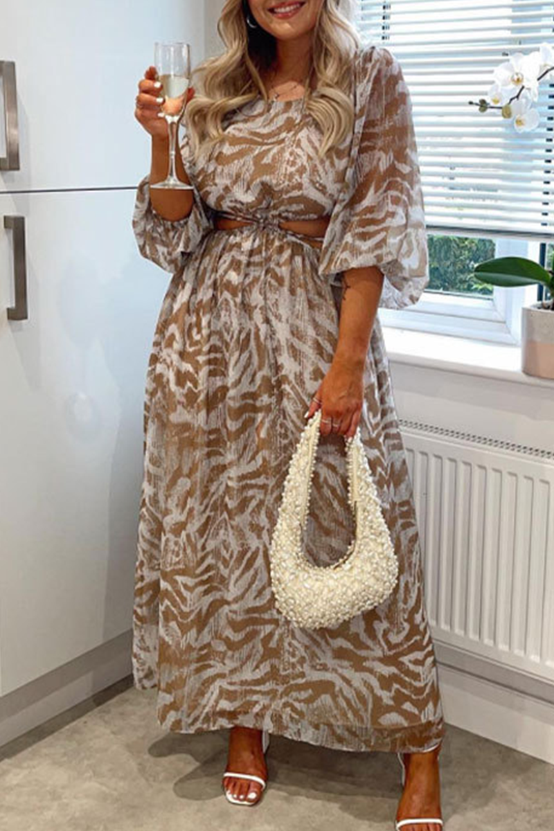 Sweet Elegant Geometric Backless Printing O Neck Long Sleeve Dresses